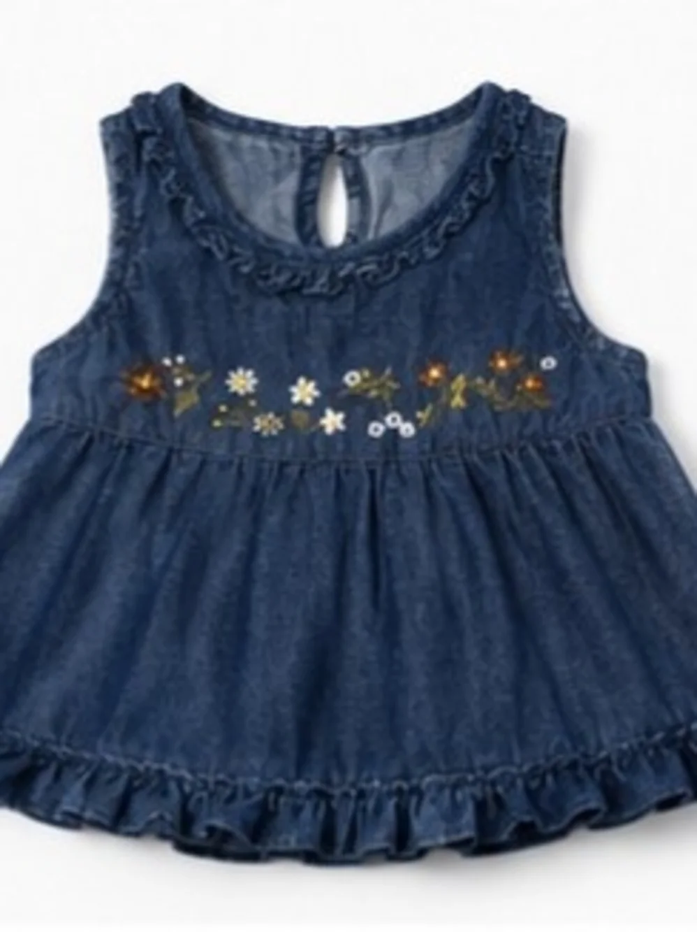 Girls 2-Piece Chambray Embroidered Floral Top & Ruffle Pants Set | Size 6Y